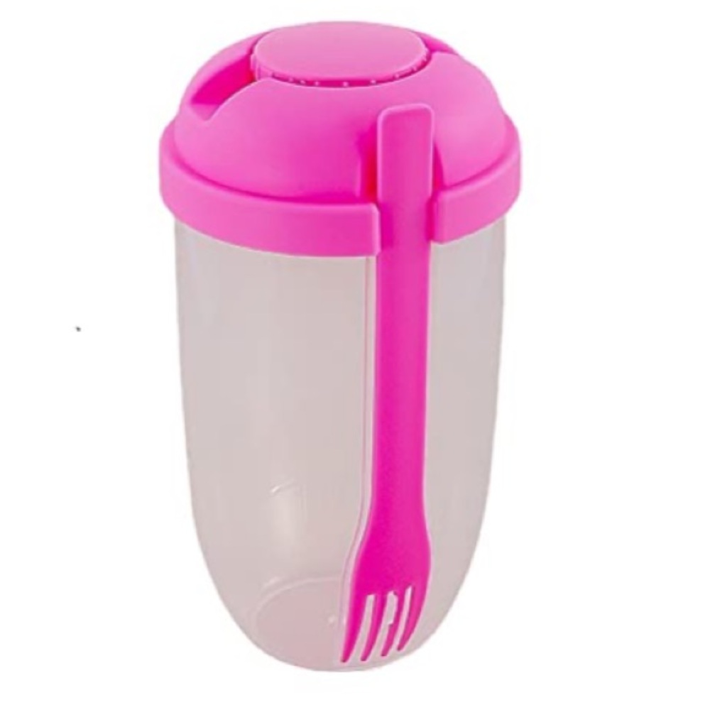Pink portable plastic three piece salad picnic set